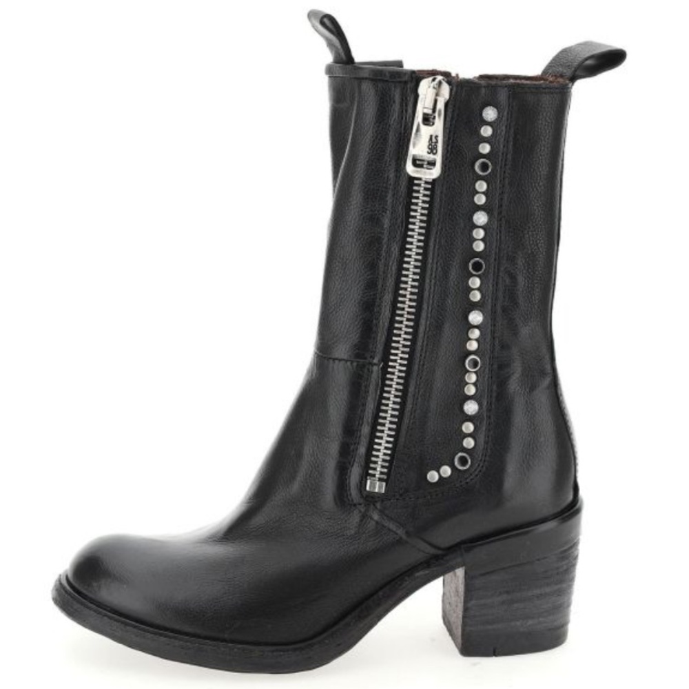 ✨Sold✨A.S.98 Jackie Studded TwoZip Mid-Calf Black Leather Moto Boots “Nero” NWT